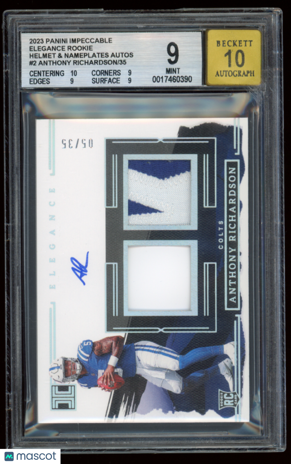2023 Panini Impeccable Elegance Rookie Helmet and Nameplates Autographs Anthony Richardson #2 /35 BGS 9 Auto 10