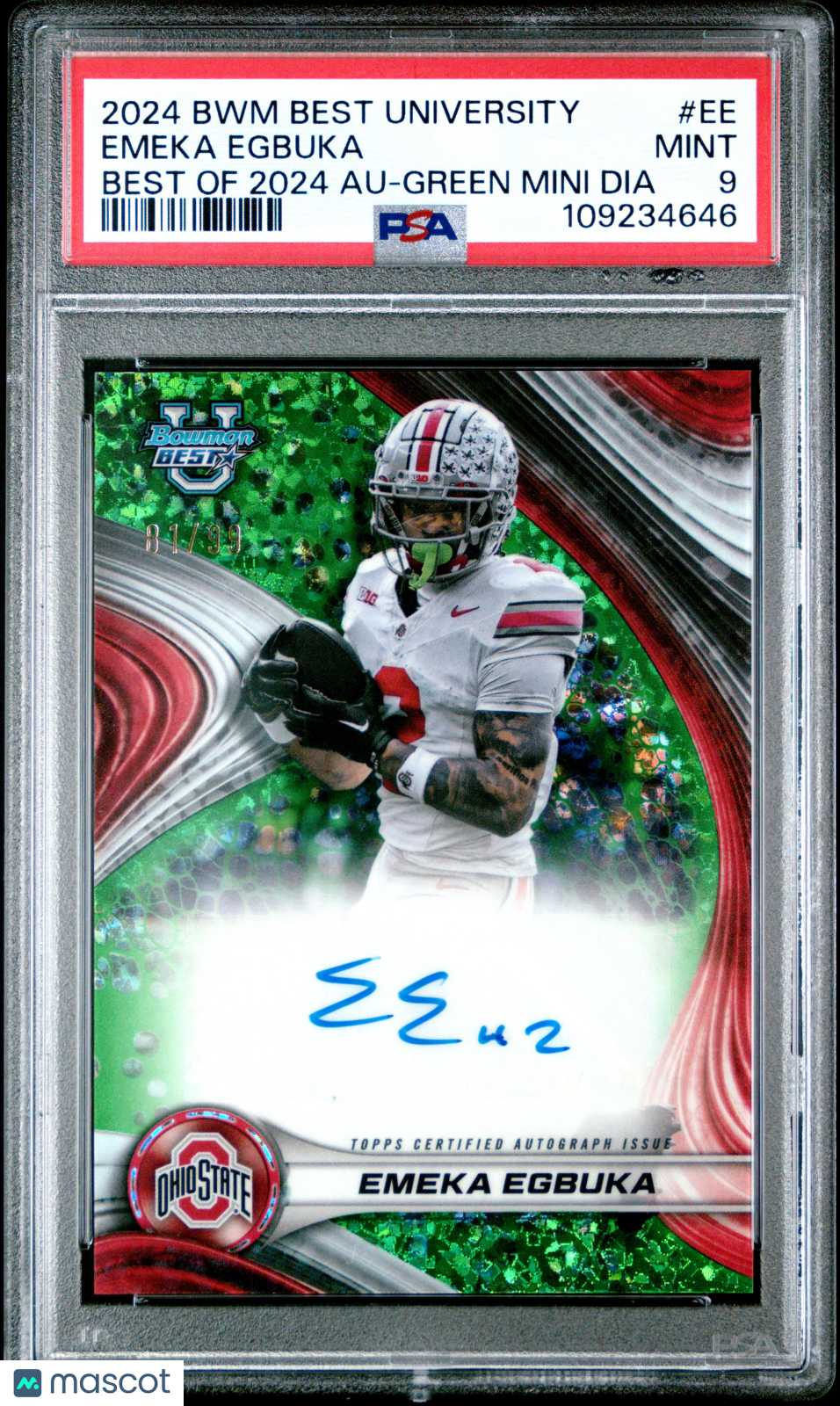 2024 Bowman Best University Best Of 2024 Autographs Emeka Egbuka #EE Green Mini Dia 81/99 PSA 9