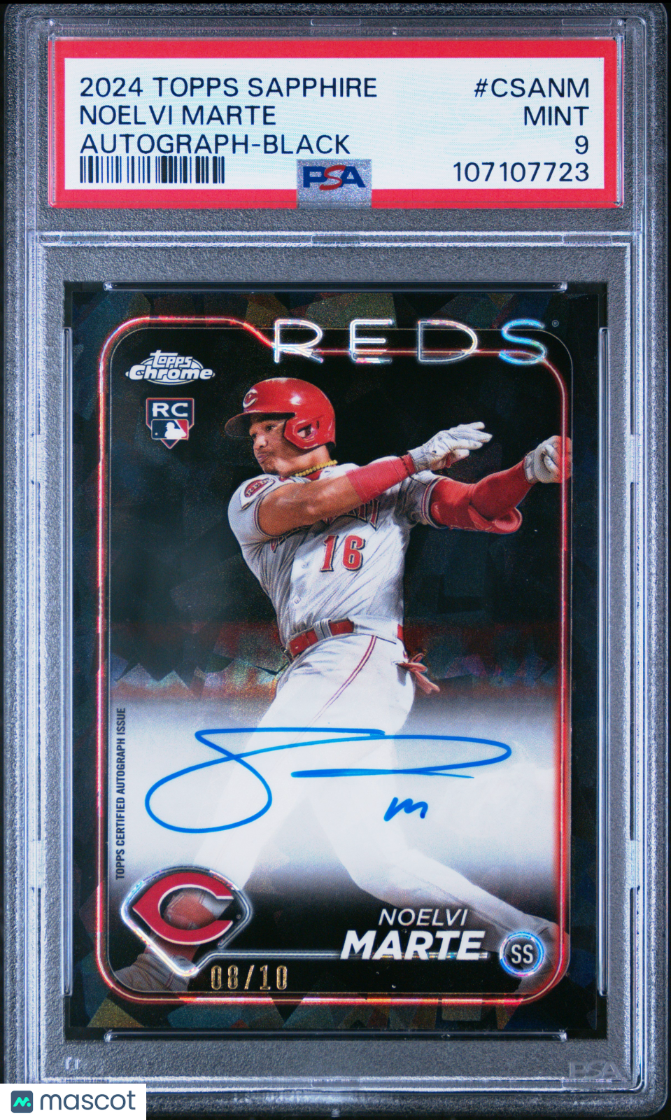 2024 Topps Chrome Sapphire Chrome Sapphire Autographs Noelvi Marte #CSANM Black 08/10 PSA 9