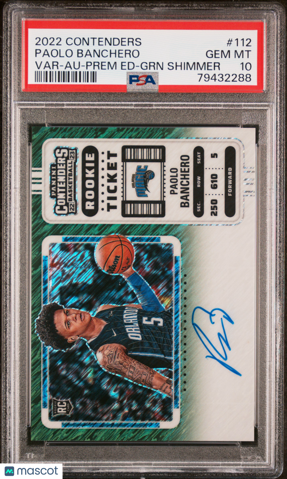 2022 Panini Contenders Paolo Banchero #112 Var Au Prem Ed GRN Shimmer PSA 10