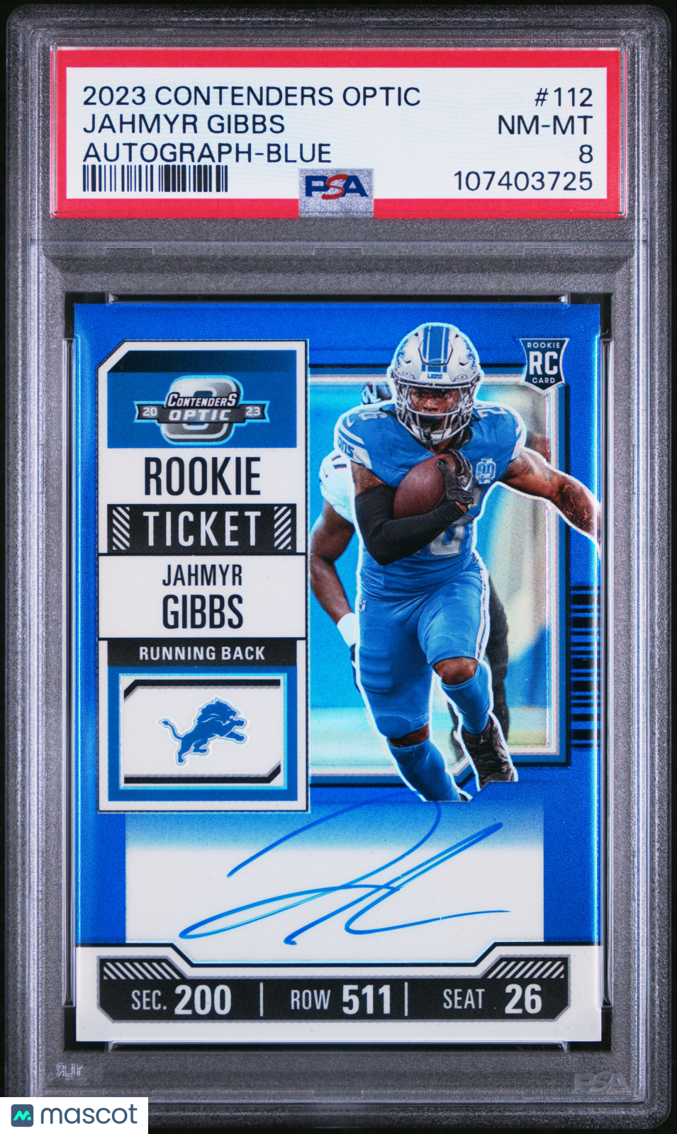 2023 Panini Contenders Optic Jahmyr Gibbs #112 Autograph Blue PSA 8