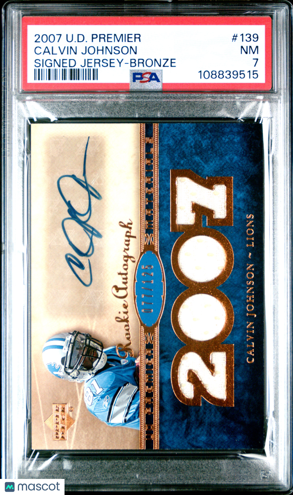 2007 Upper Deck Premier Calvin Johnson #139 Signed Jersey Bronze 077/125 PSA 7