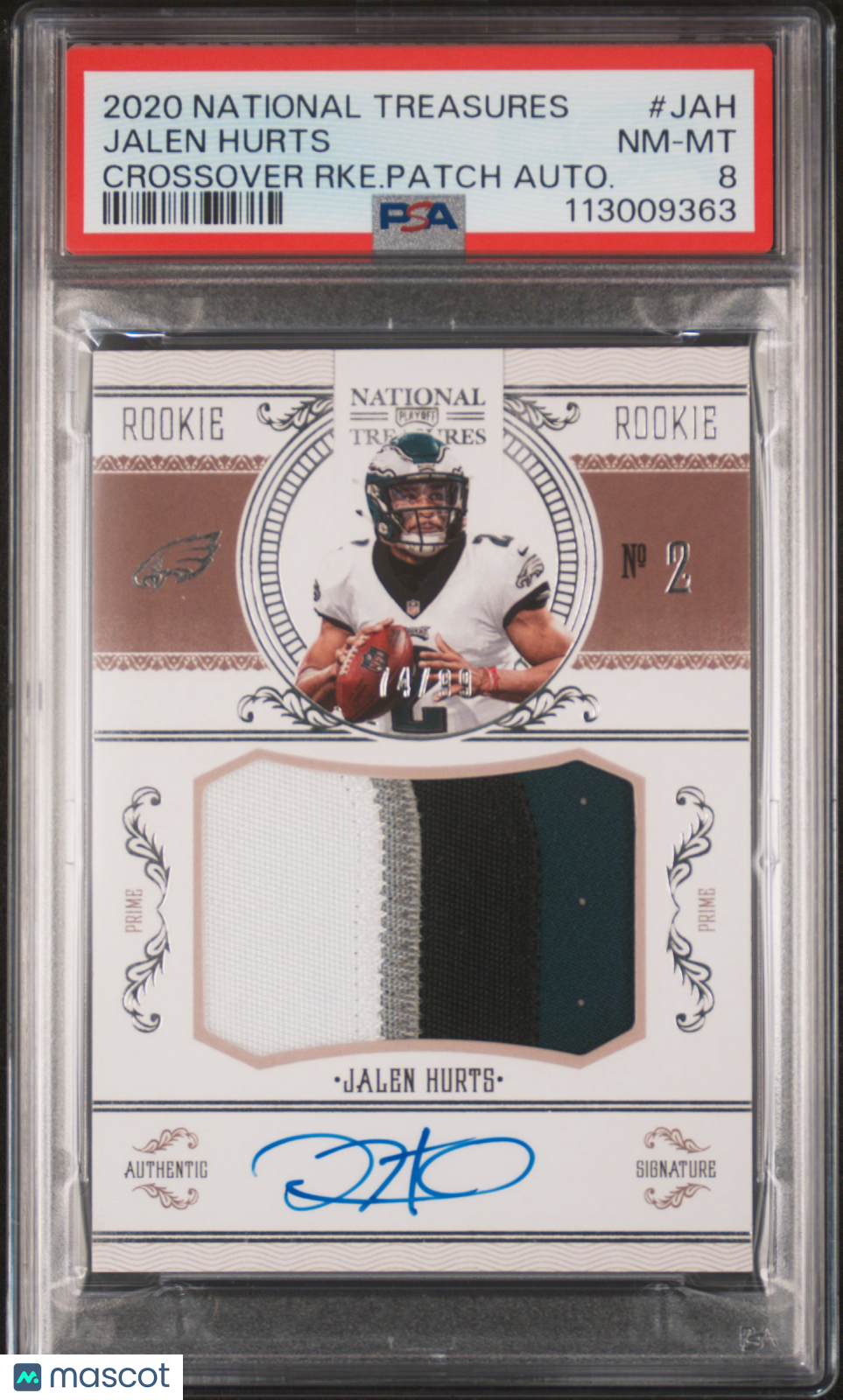 2020 Panini National Treasures Crossover Rookie Patch Autographs Jalen Hurts #JAH RKE. Patch Autograph PSA 8
