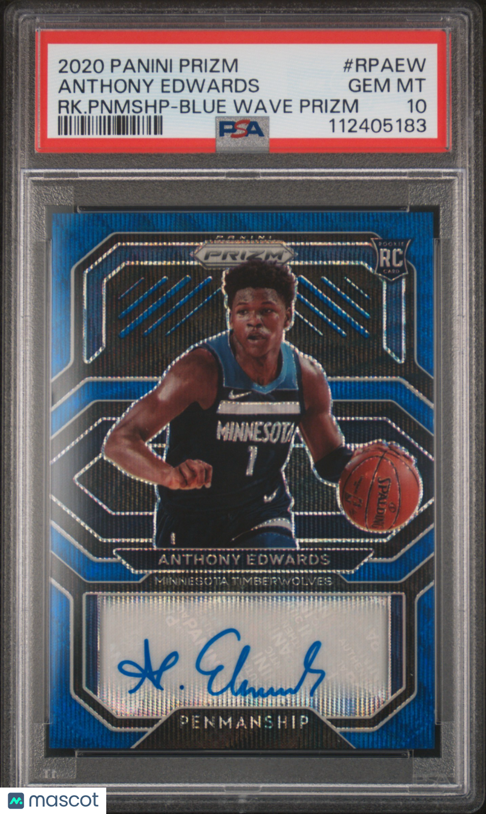 2020 Panini Prizm Rookie Penmanship Anthony Edwards #RPAEW RK. Pnmshp Blue Wave PSA 10