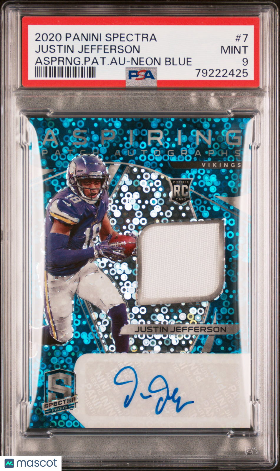 2020 Panini Spectra Aspiring Patch Autographs Justin Jefferson #7 Asprng. Pat. Au Neon Blue PSA 9