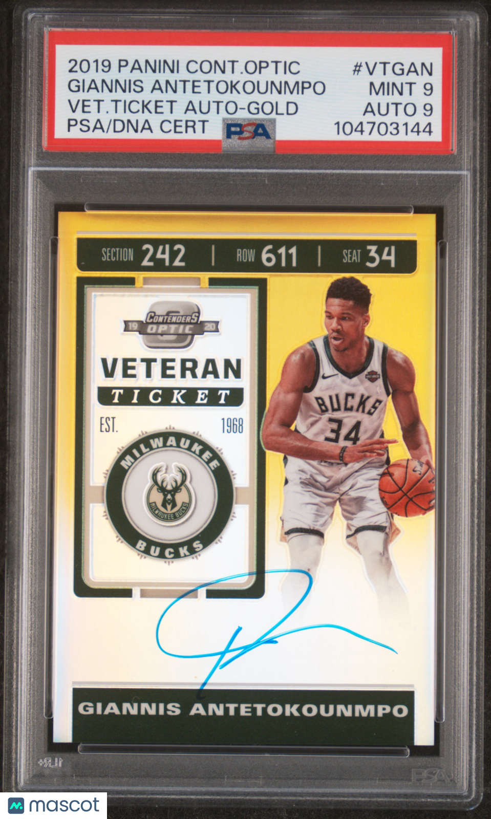 2019 Panini Contenders Optic Veteran Ticket Autographs Giannis Antetokounmpo #VTGAN Vet. Ticket Gold PSA 9 Auto 9