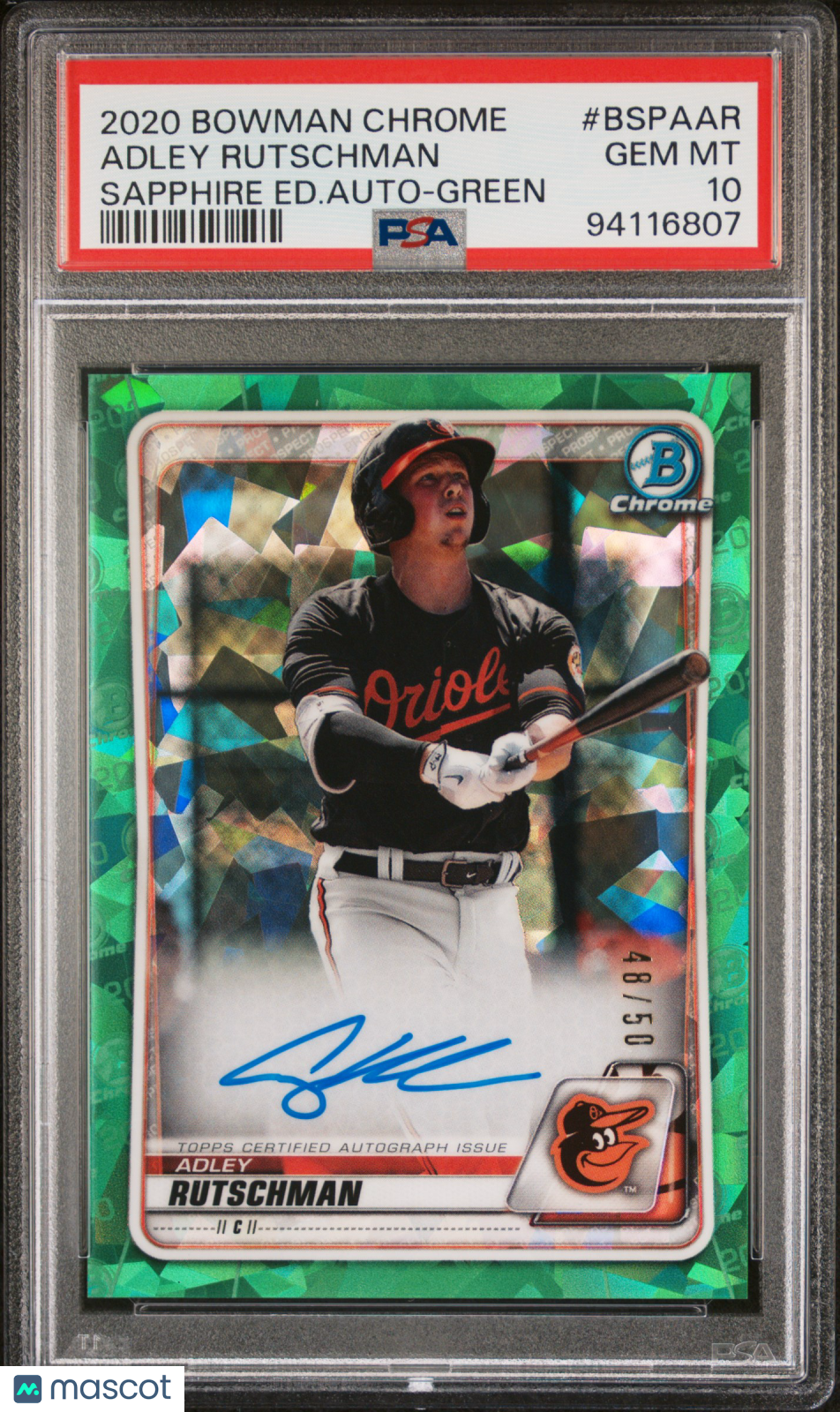 2020 Bowman Chrome Sapphire Edition Autographs Adley Rutschman #BSPAAR Ed. Auto Green PSA 10