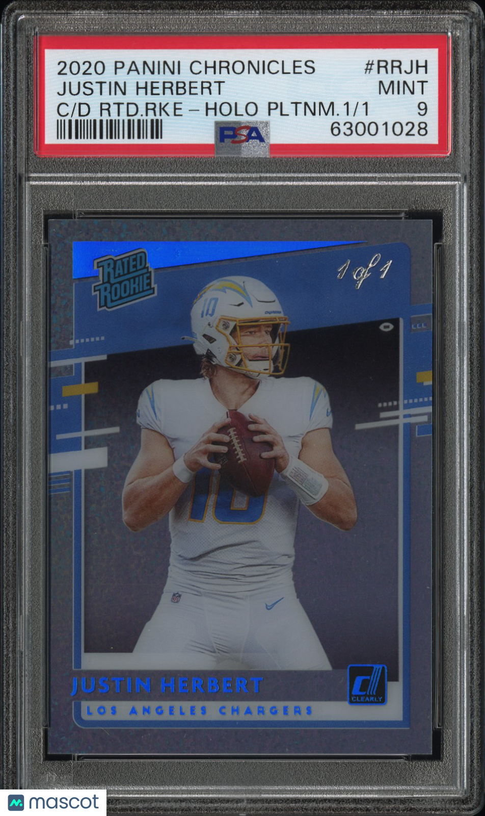 2020 Panini Chronicles Clearly Donruss Rated Rookies Justin Herbert #RRJH RTD. RKE Holo Pltnm. 1/1 PSA 9