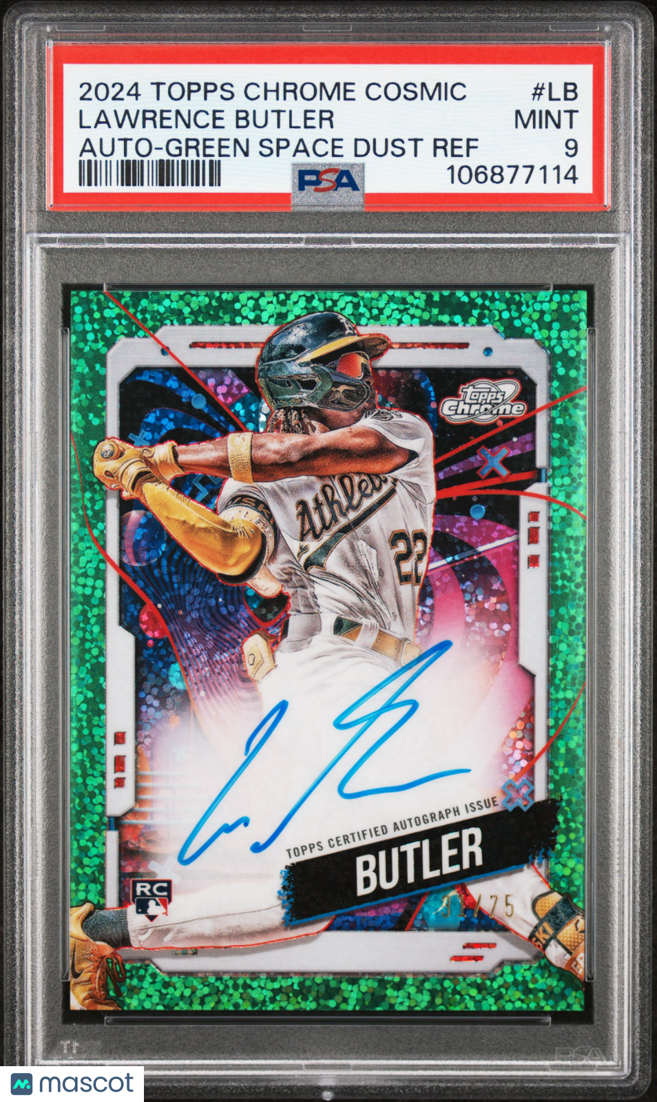 2024 Topps Chrome Cosmic Cosmic Chrome Autographs Lawrence Butler #LB Green Space Dust Ref PSA 9