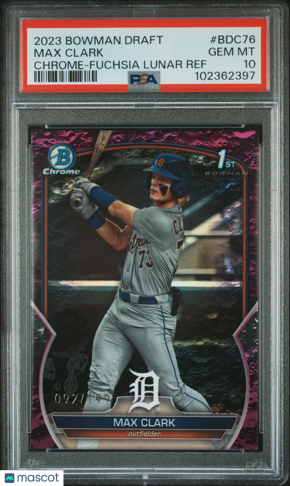 2023 Bowman Draft Max Clark #BDC76 Chrome Fuchsia Lunar Ref PSA 10