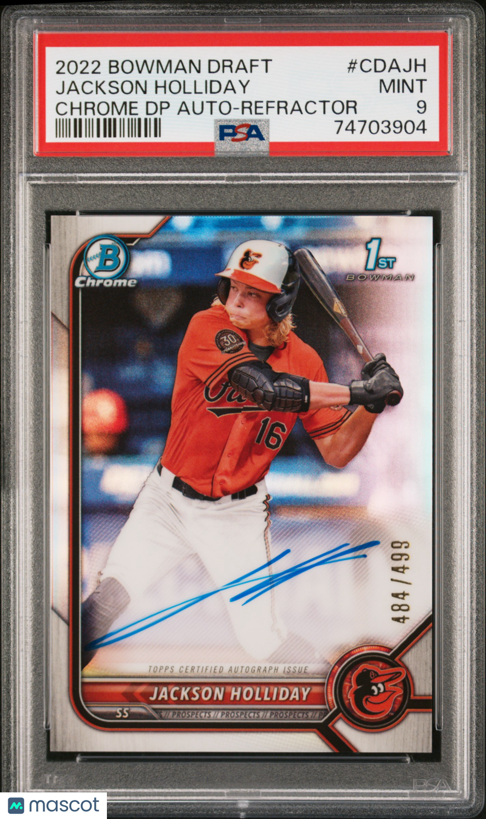 2022 Bowman Draft Chrome Draft Pick Autographs Jackson Holliday #CDAJH DP Refractor 484/499 PSA 9