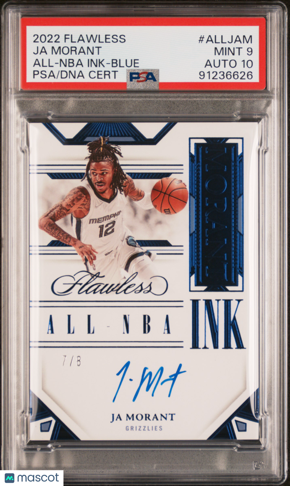 2022 Panini Flawless All-NBA Ink Ja Morant #ALLJAM Blue 7 / 8 PSA 9 Auto 10