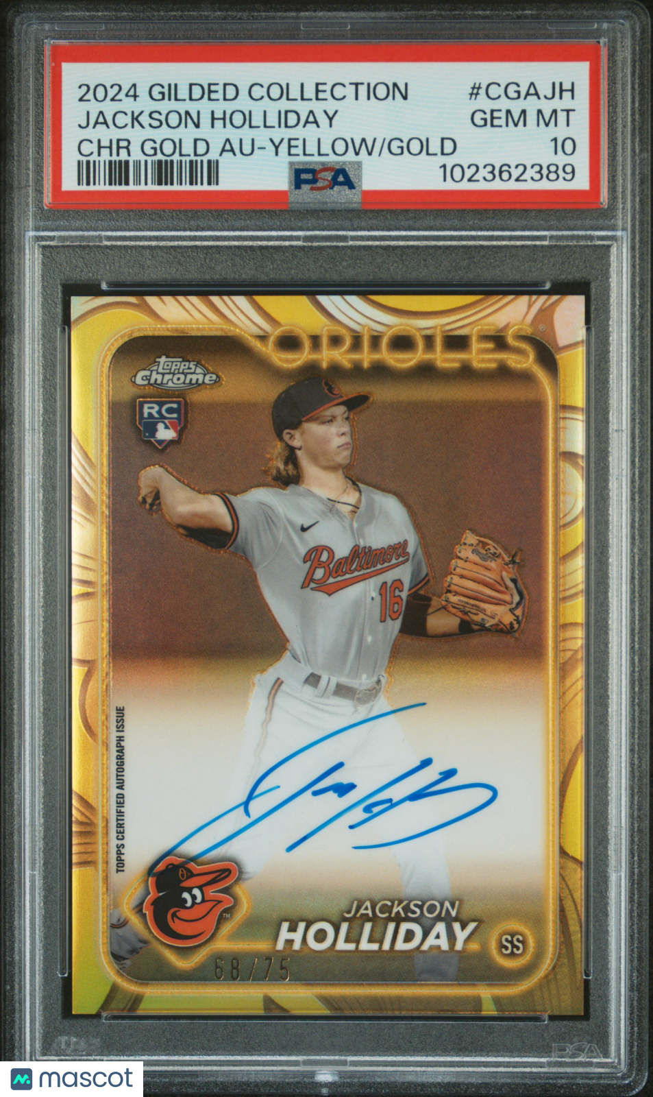 2024 Topps Gilded Collection Topps Chrome Gold Autographs Jackson Holliday #CGAJH Yellow 68 / 75 PSA 10