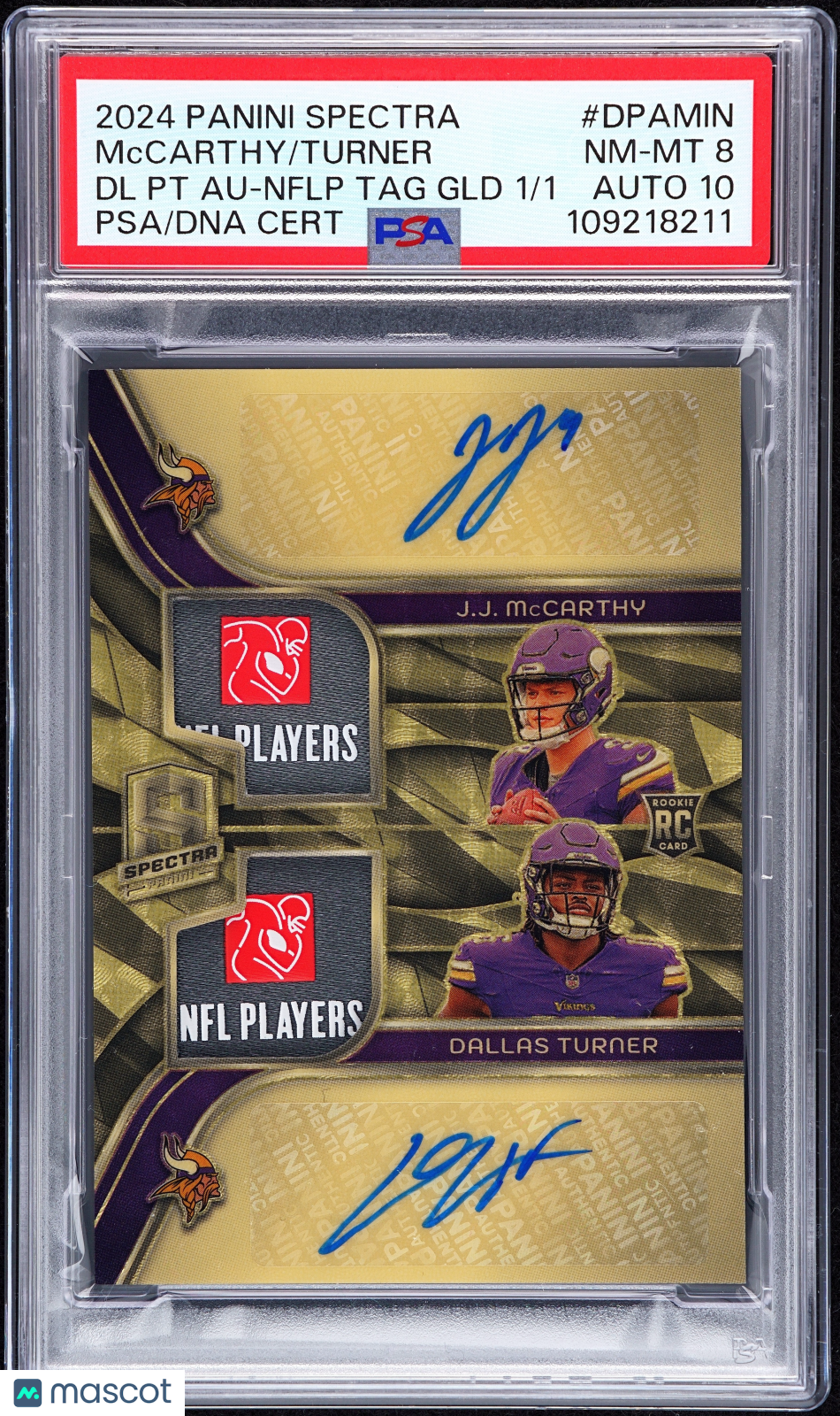 2024 Panini Spectra Dual Patch Autographs Turner Mccarthy #DPAMIN DL PT Nflp TAG GLD 1/1 PSA 8 Auto 10