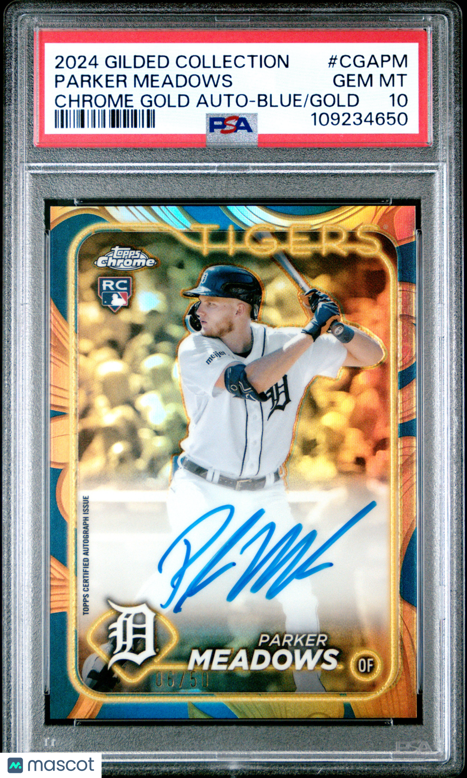 2024 Topps Gilded Collection Topps Chrome Gold Autographs Parker Meadows #CGAPM Blue 06/50 PSA 10