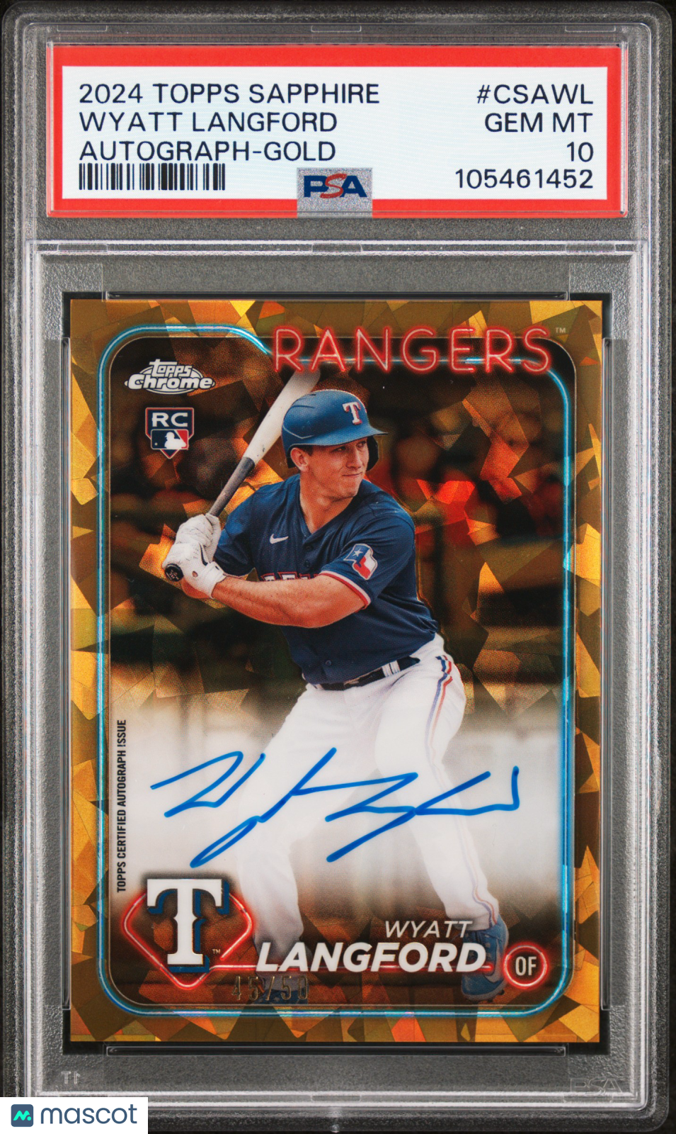 2024 Topps Chrome Sapphire Chrome Sapphire Autographs Wyatt Langford #CSAWL Gold PSA 10