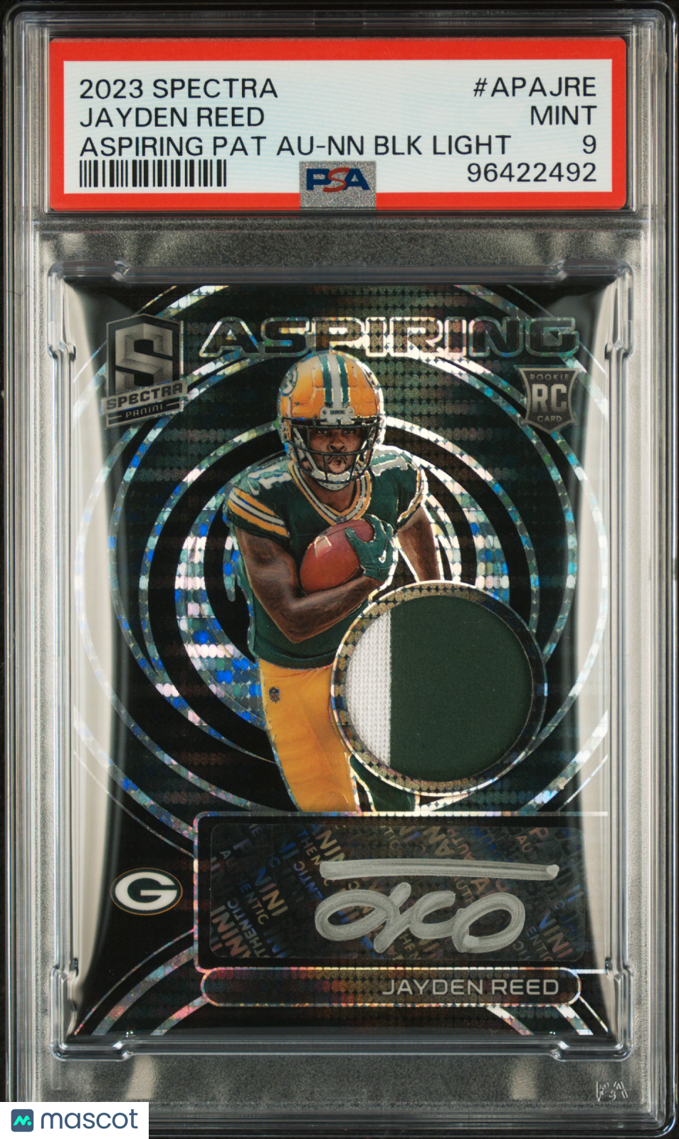 2023 Panini Spectra Aspiring Patch Autographs Jayden Reed #APAJRE NN BLK Light PSA 9