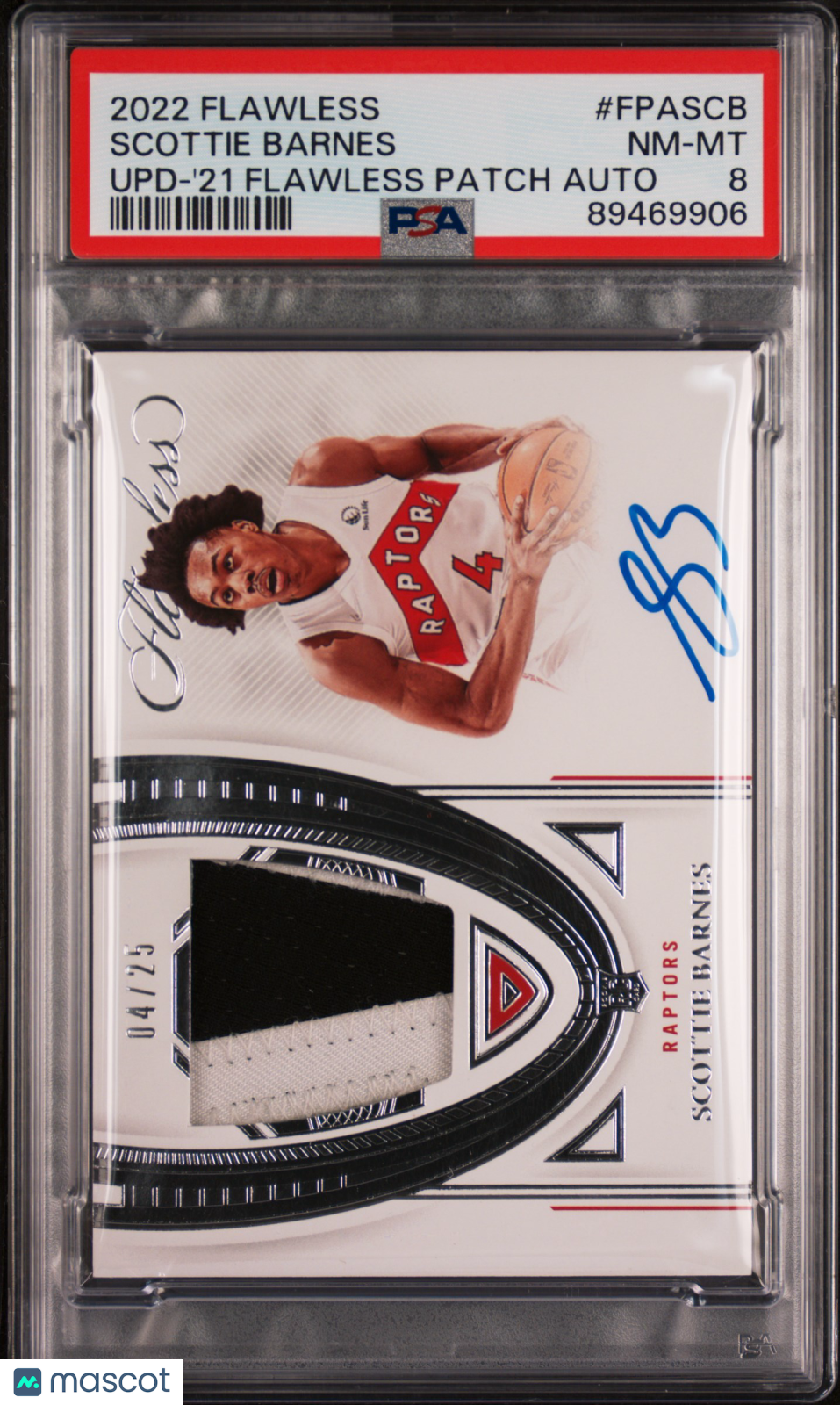 2022 Panini Flawless Update Scottie Barnes #FPASCB '21 Patch Auto 04/25 PSA 8