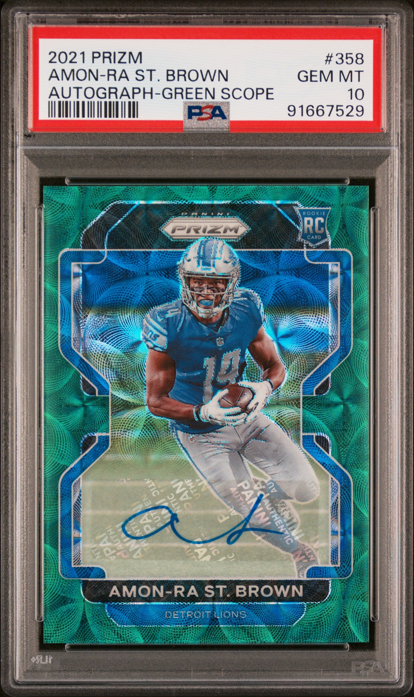 2021 Panini Prizm Amon-Ra ST. Brown #358 Autograph Green Scope PSA 10