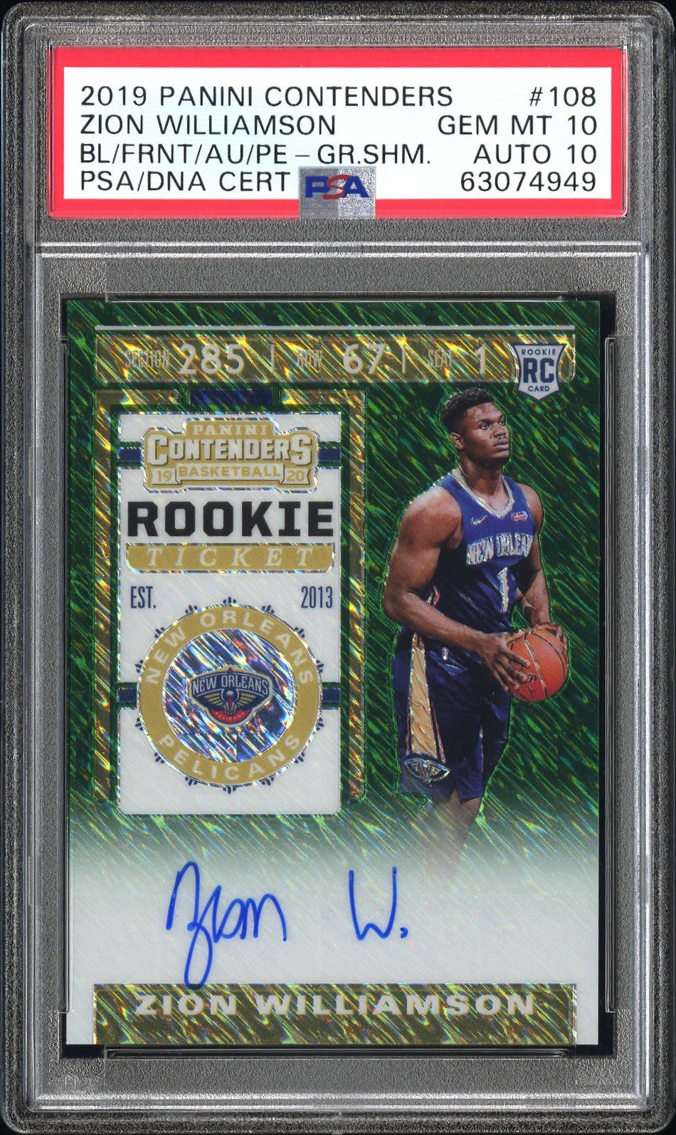 2019 Panini Contenders Zion Williamson #108 BL Frnt Au Pe GR. Shimmer PSA 10 Auto 10