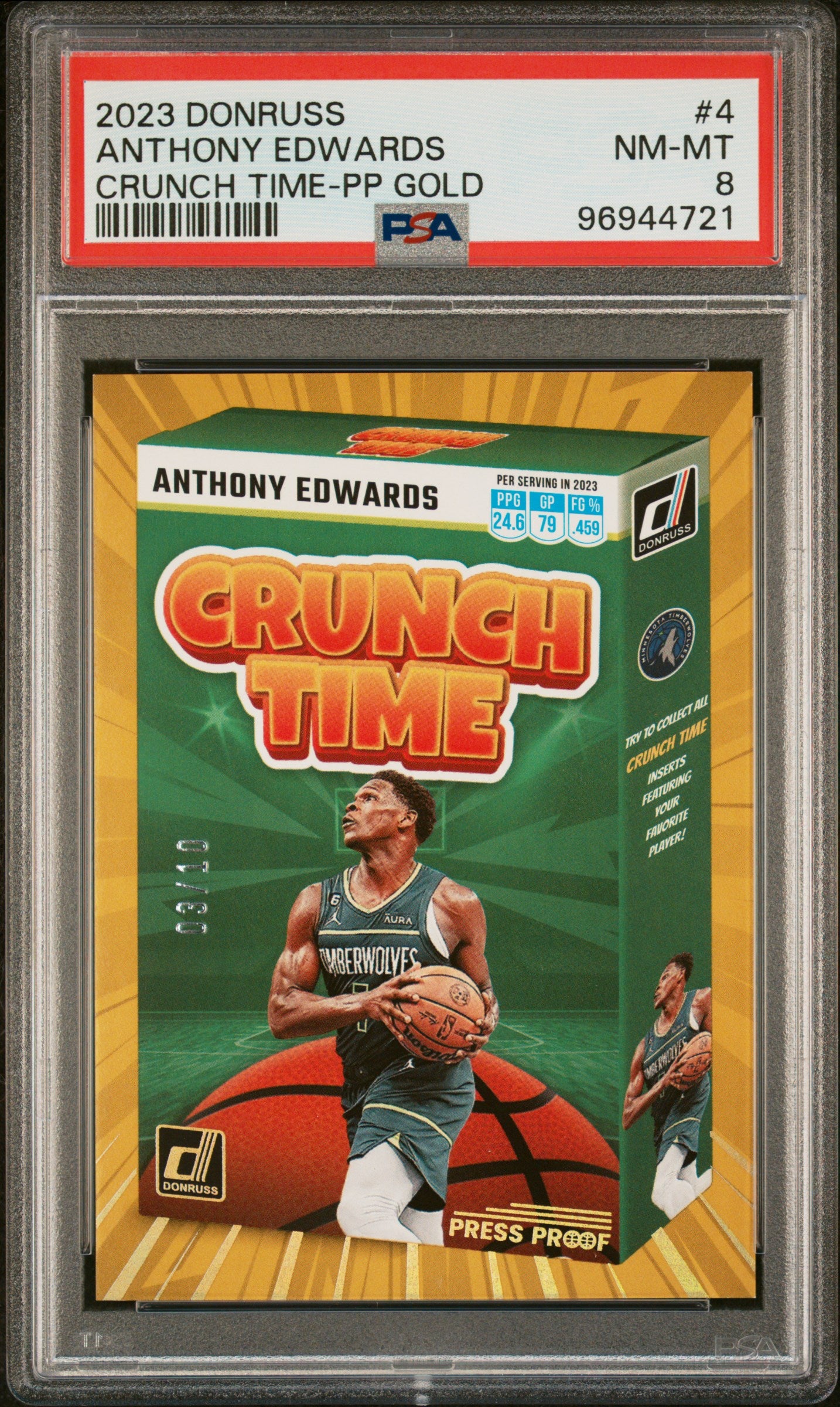 2023 Panini Donruss Crunch Time Anthony Edwards #4 Crunch Time PP Gold PSA 8