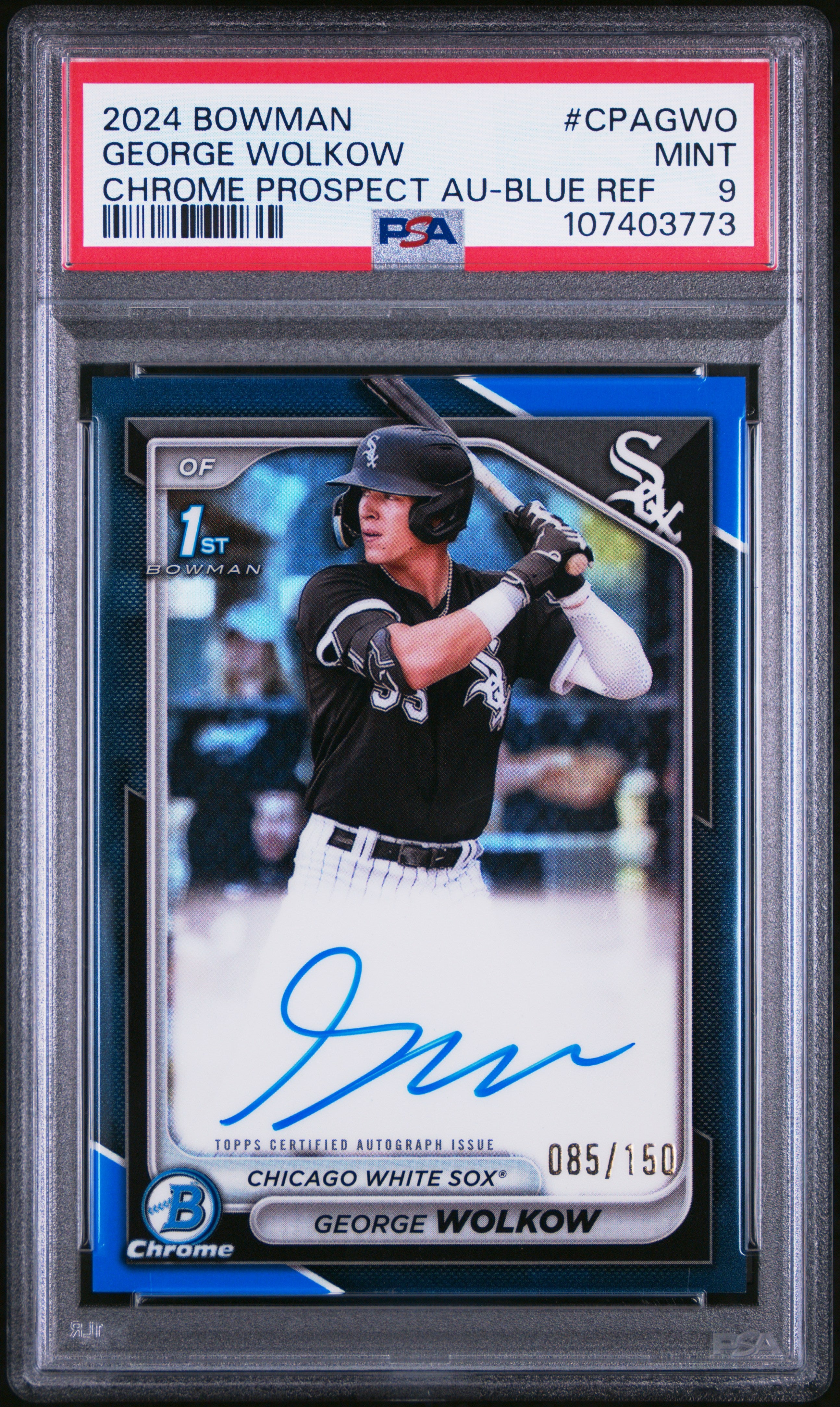 2024 Bowman Chrome Prospect Autographs George Wolkow #CPAGWO Blue Ref 085/150 PSA 9