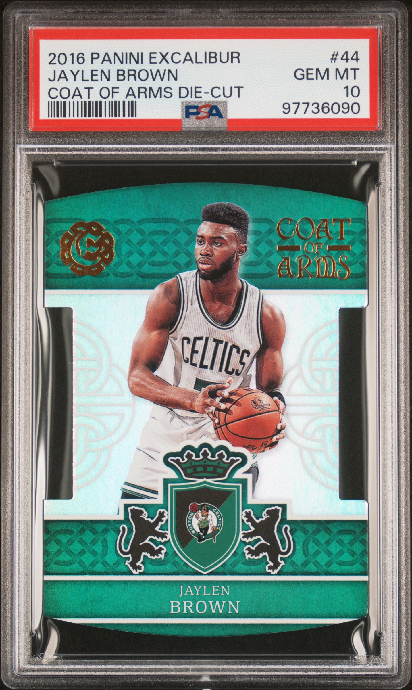 2016 Panini Excalibur Coat Of Arms Die-Cut Jaylen Brown #44 Coat Of Arms Die Cut PSA 10