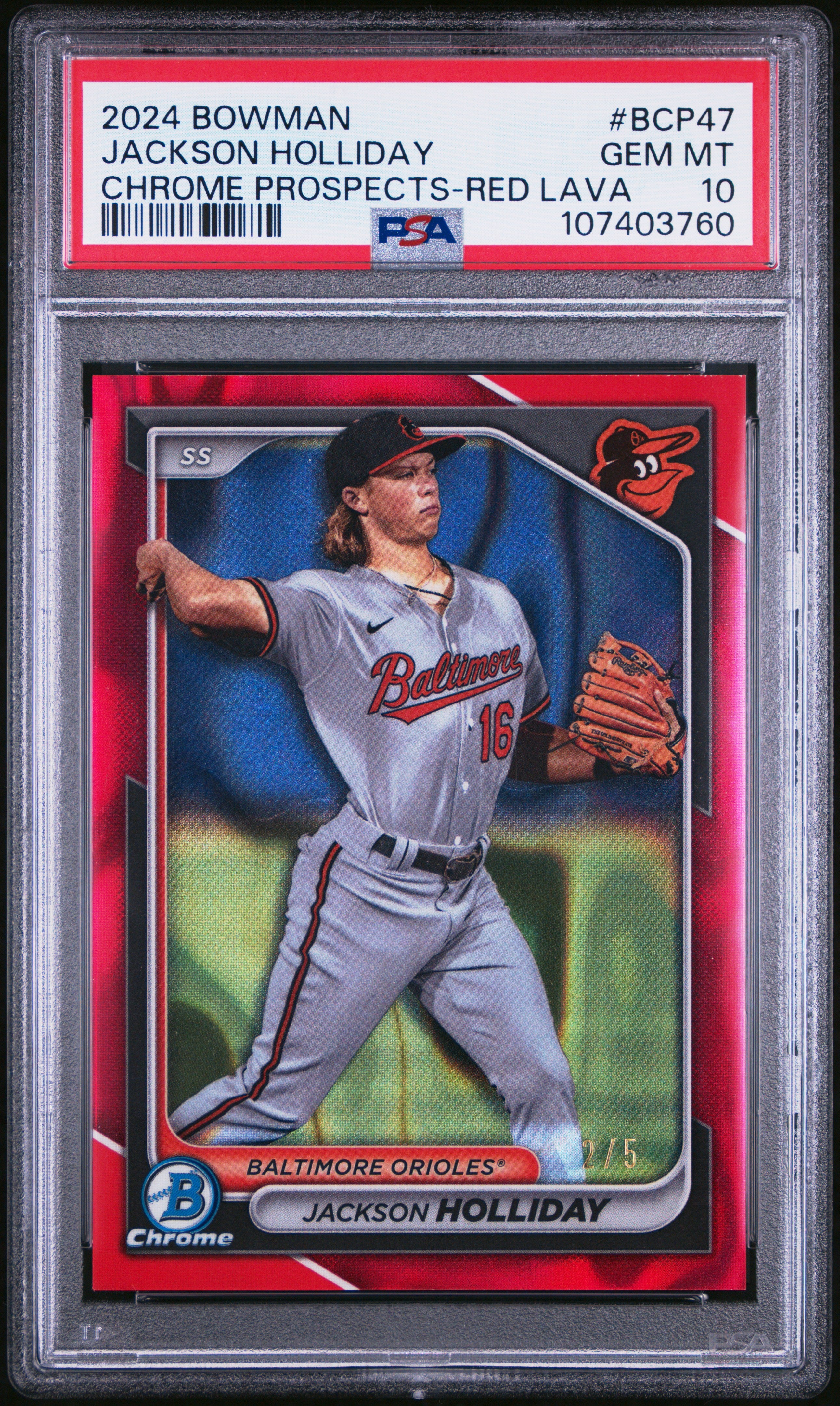 2024 Bowman Chrome Prospects Jackson Holliday #BCP47 Red Lava 2/5 PSA 10