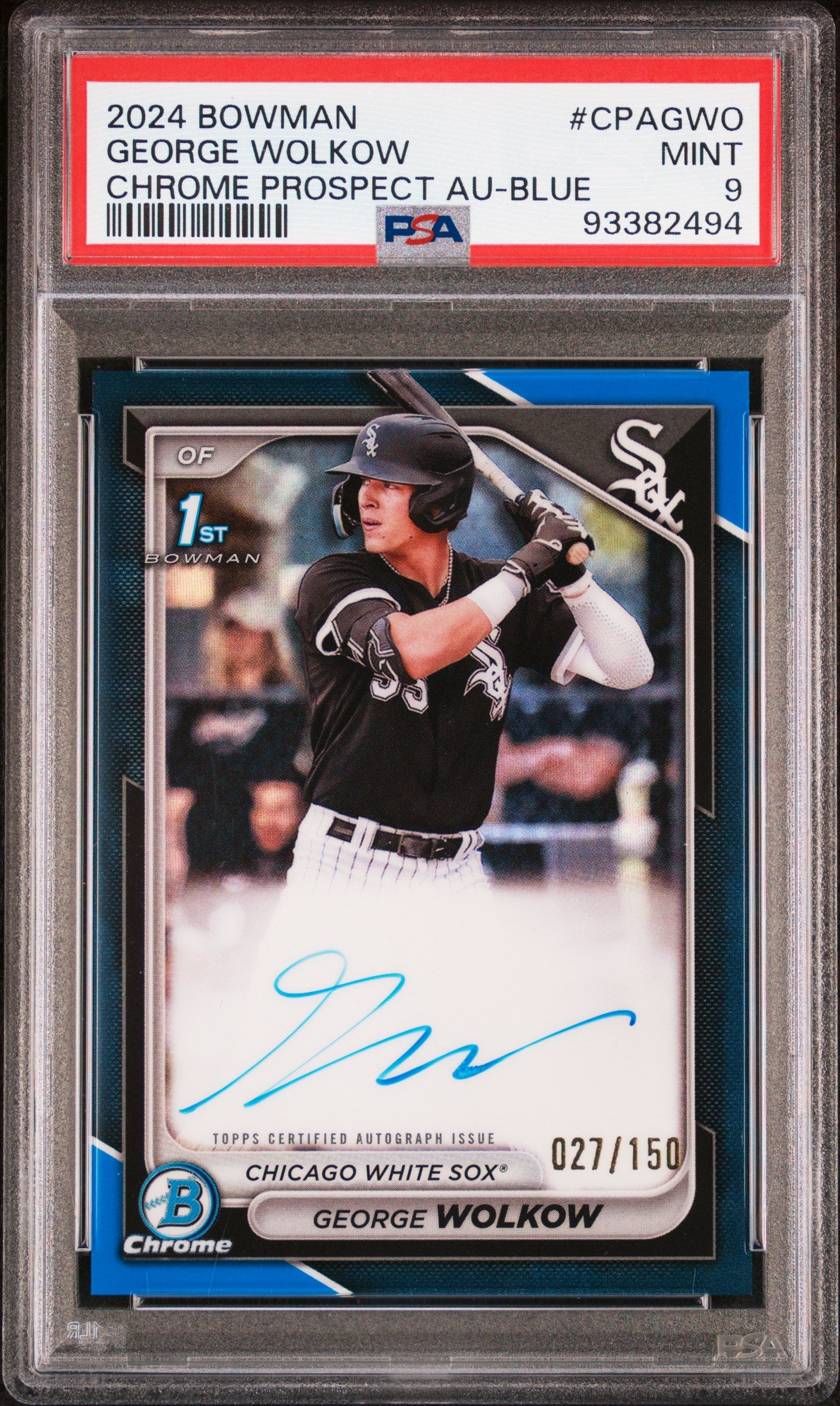2024 Bowman Chrome Prospect Autographs George Wolkow #CPAGWO Blue Ref 027/150 PSA 9
