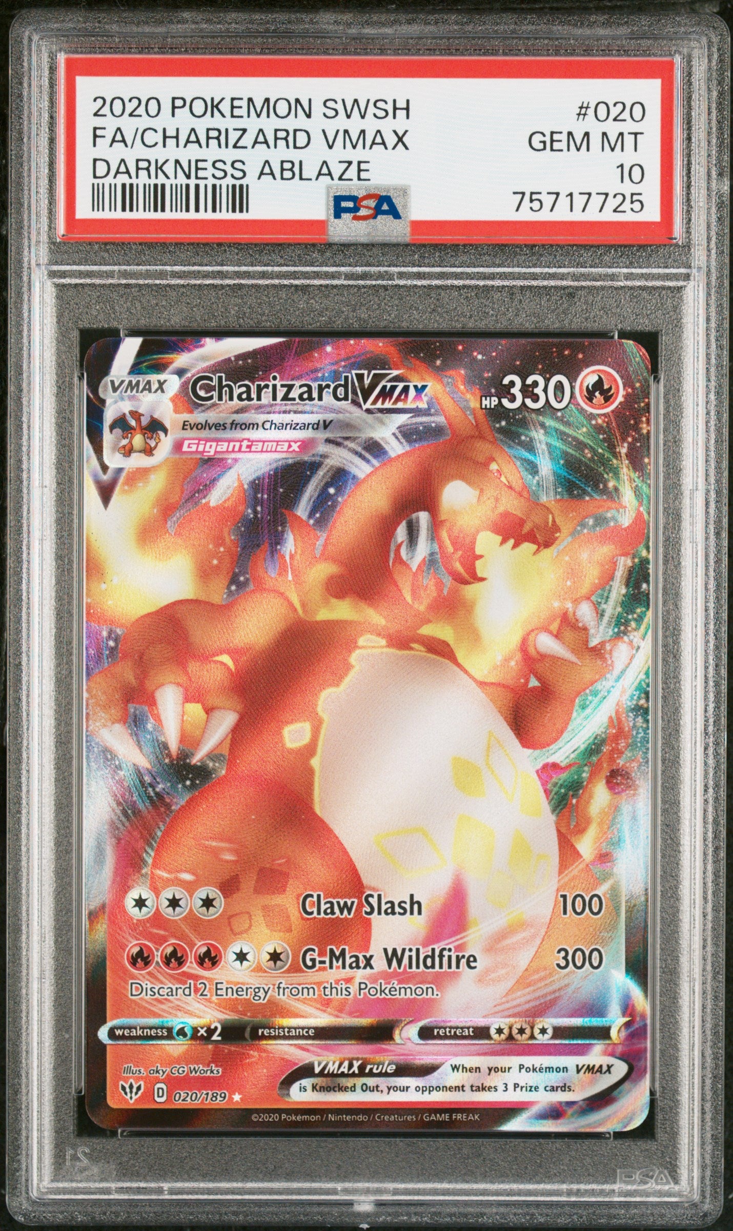 PokéMon TCG Charizard Vmax Fa #020 Darkness Ablaze PSA 10