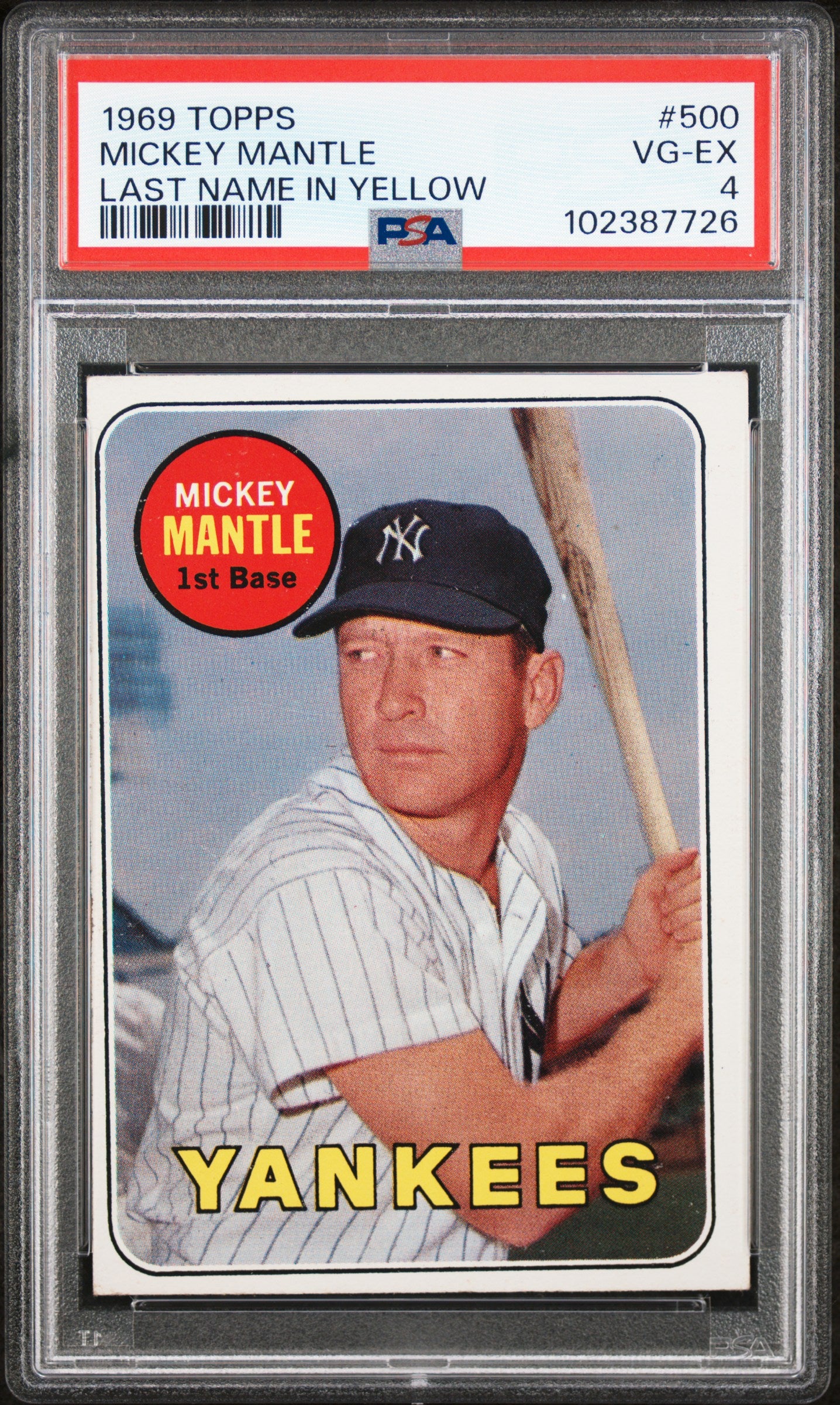 1969 Topps Mickey Mantle #500 Last Name In Yellow PSA 4