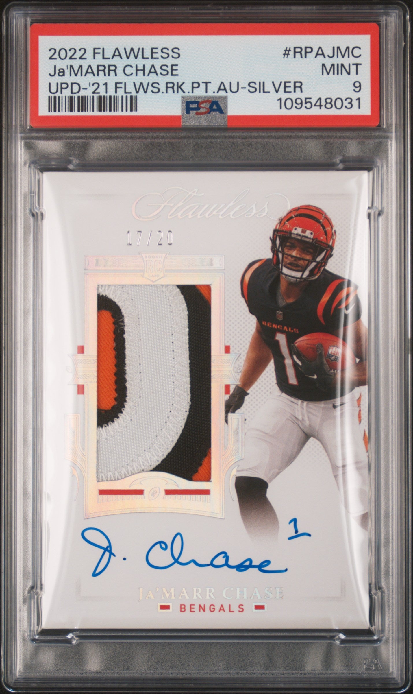 2022 Panini Flawless Update Ja'marr Chase #RPAJMC '21 Flws. RK. PT. Au Silver PSA 9
