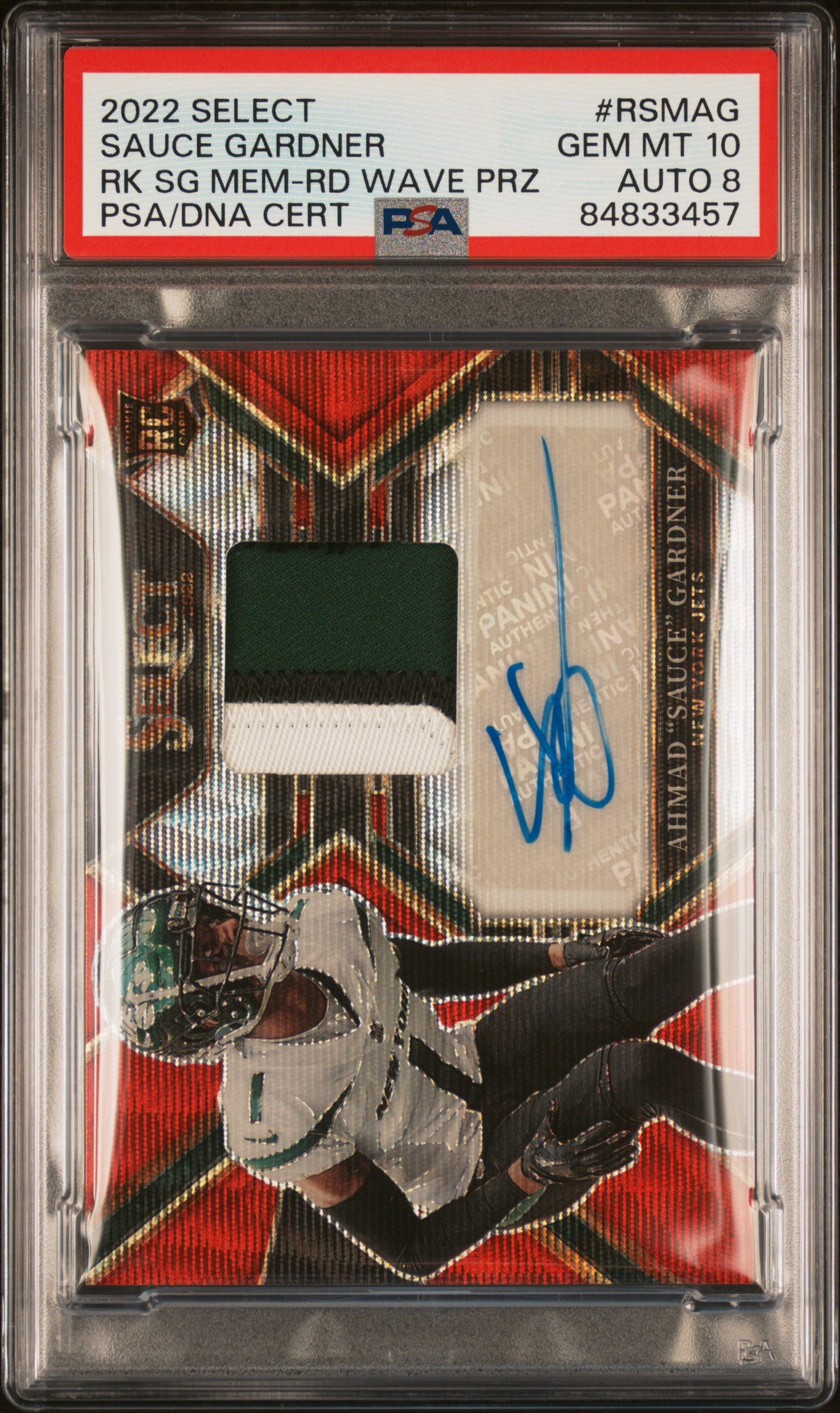 2022 Panini Select Rookie Signature Memorabilia Ahmad "sauce" Gardner #RSMAG RK SG Mem RD Wave PRZ PSA 10 Auto 8