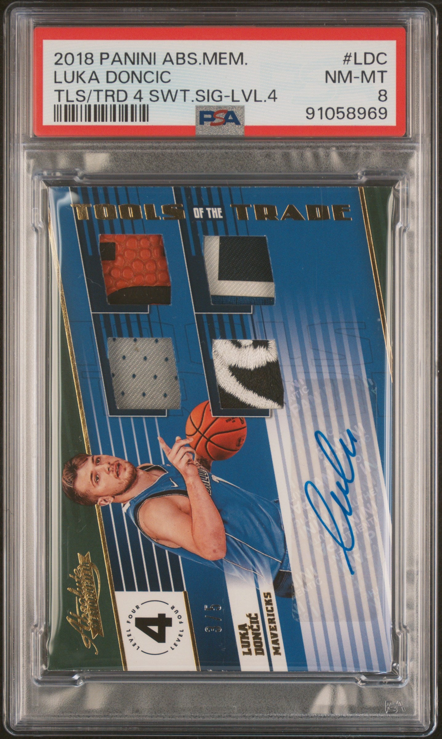 2018 Panini Absolute Memorabilia Tools Of The Trade Four Swatch Signatures Luka Doncic #LDC TLS TRD 4 SWT. SIG LVL. 4 PSA 8