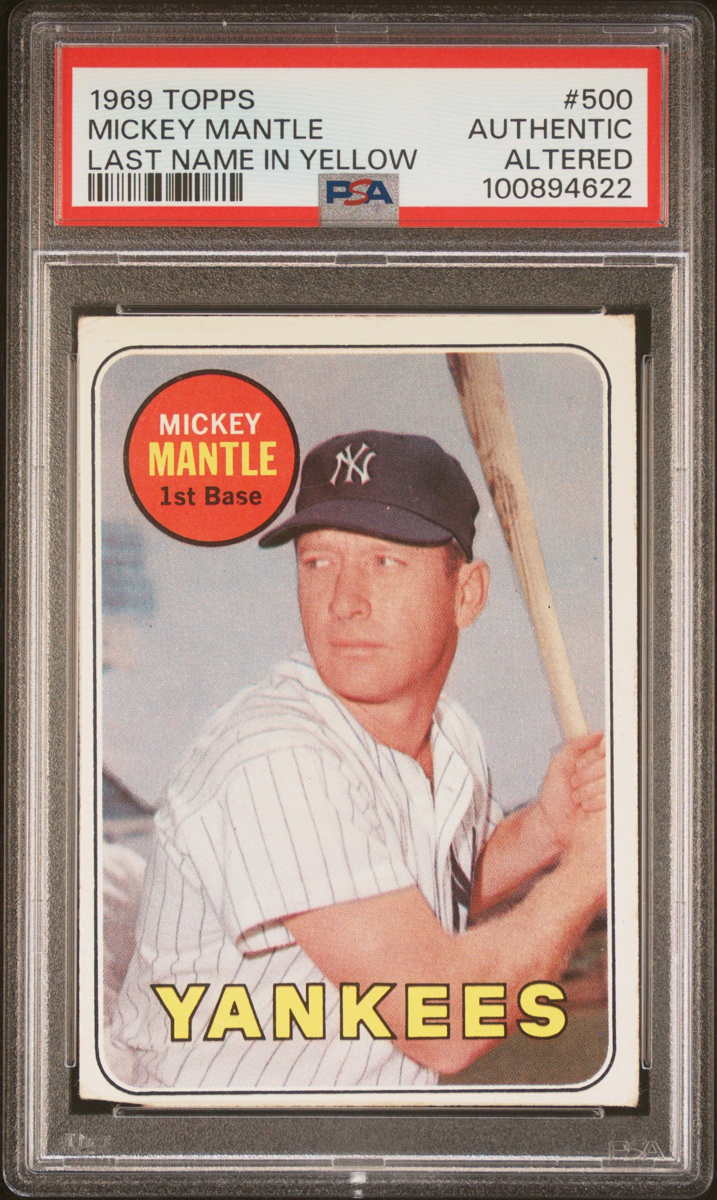 1969 Topps Mickey Mantle #500 Last Name In Yellow PSA A