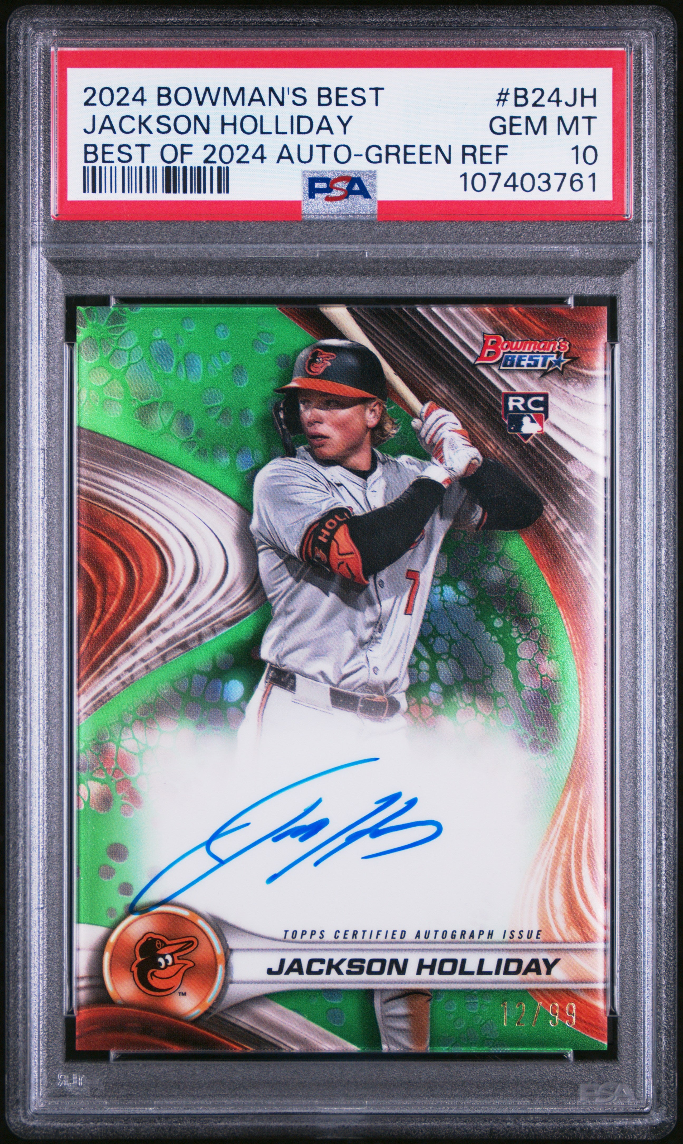 2024 Bowman's Best Best Of 2024 Autographs Jackson Holliday #B24JH Green Ref 12/99 PSA 10