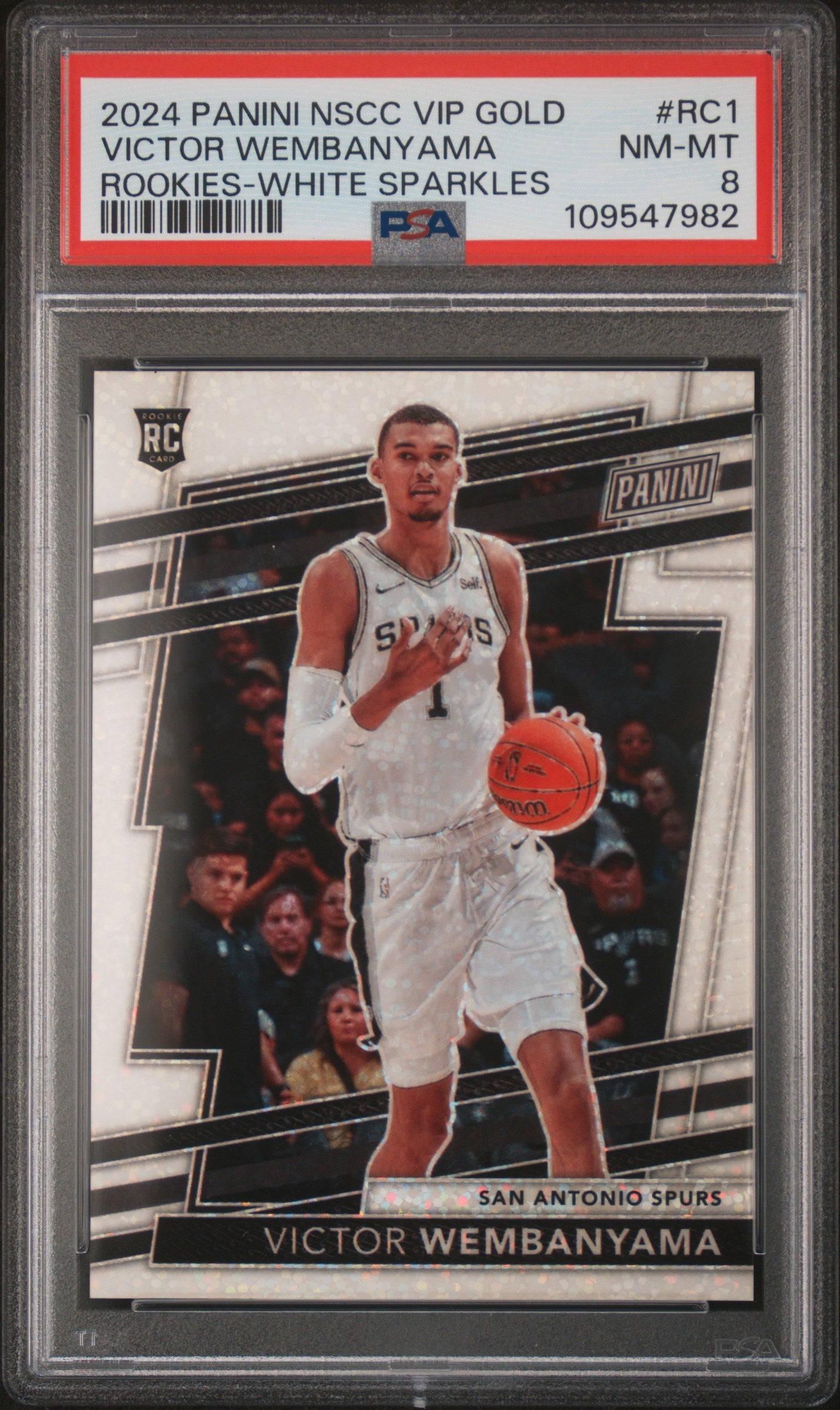 2024 Panini National Sports Collectors Convention Vip Gold Rookies Victor Wembanyama #RC1 White Sparkles PSA 8