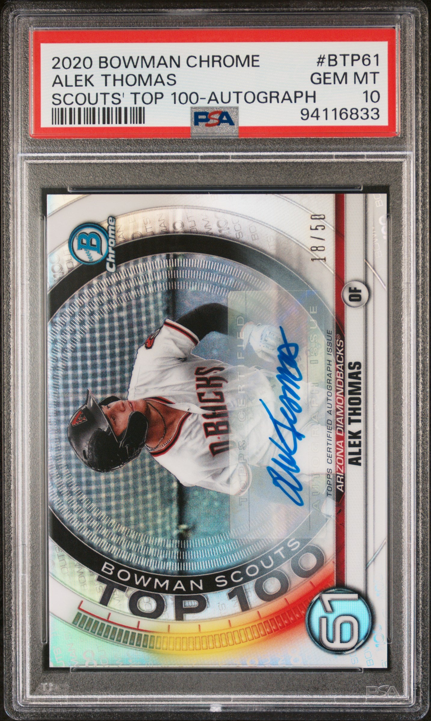 2020 Bowman Chrome Scouts' Top 100 Alek Thomas #BTP61 Scouts' Top 100 Autograph PSA 10