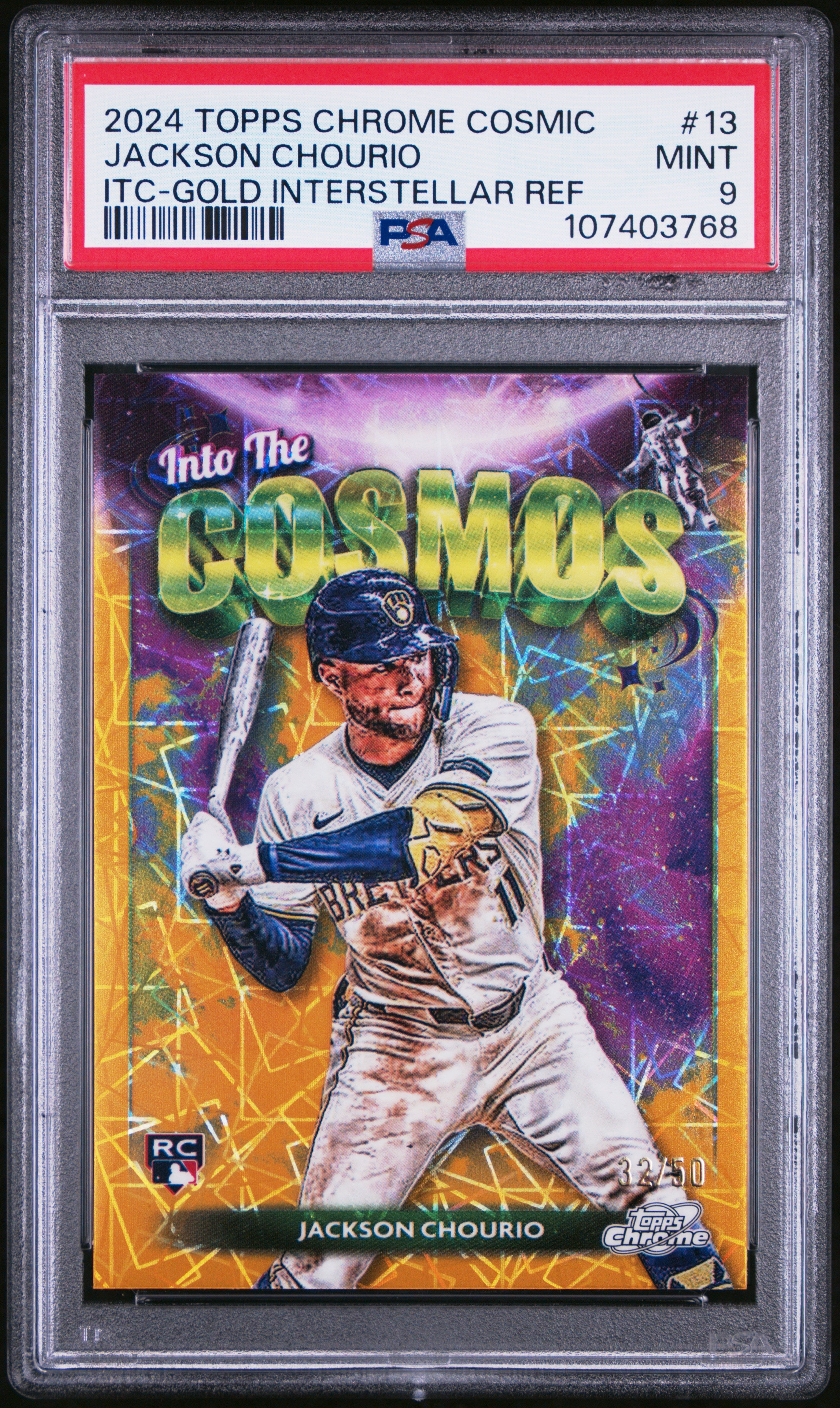 2024 Topps Chrome Cosmic Into The Cosmos Jackson Chourio #13 Itc Gold Interstellar Ref 32/50 PSA 9