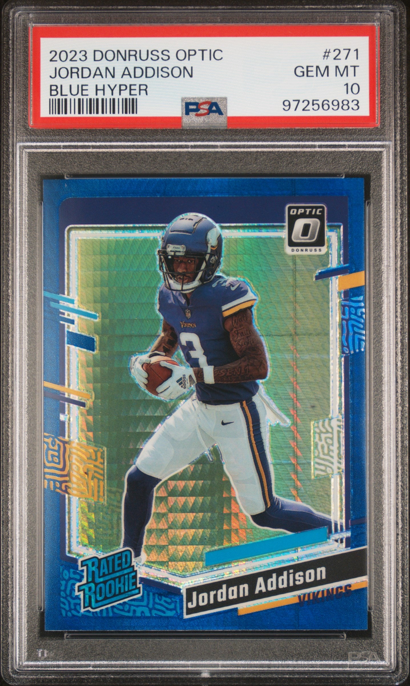 2023 Panini Donruss Optic Jordan Addison #271 Blue Hyper PSA 10